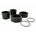 Four pieces from the Jandy R0449000 2" x 2 1/2" Tail Piece set, including coupling nuts and rubber O-rings, arranged on a white background.