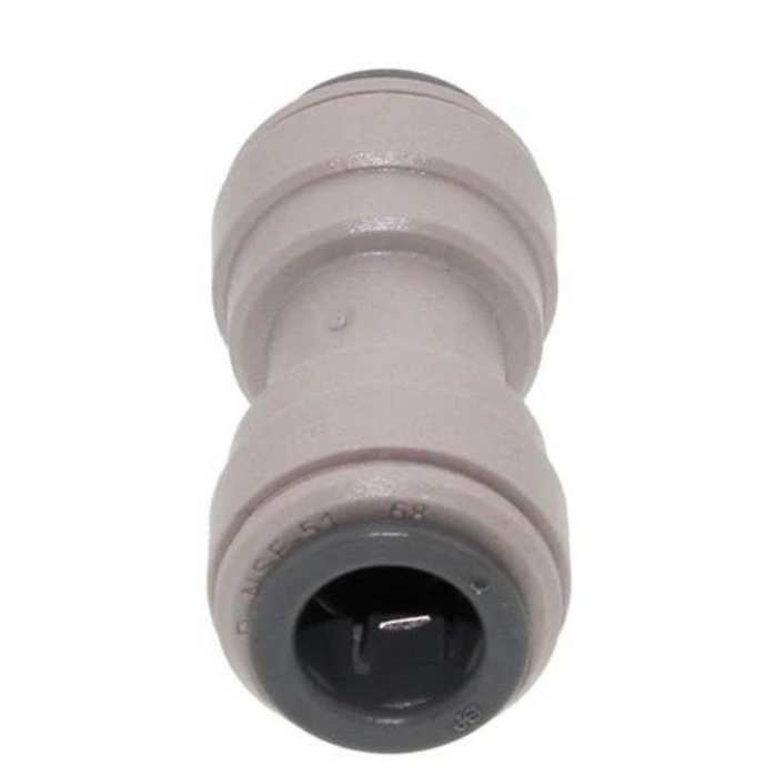 The John Guest PI0408S Straight Union Connector 1/4" - SINGLE, a gray plastic connector from the John Guest brand, features advanced push-fit technology and is displayed against a white background.