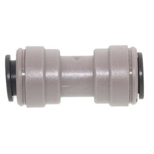 John Guest PI0408S Straight Union Connector 1/4" - SINGLE made from gray plastic and equipped with push-fit technology, featuring round ends and a cylindrical center.