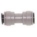 John Guest PI0408S Straight Union Connector 1/4" - SINGLE made from gray plastic and equipped with push-fit technology, featuring round ends and a cylindrical center.