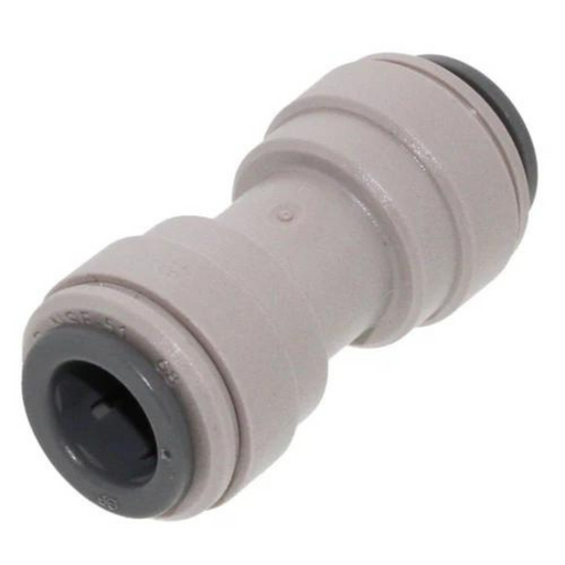 A compact gray straight union connector with push-fit technology and black ends from John Guest, showcased on a white background.