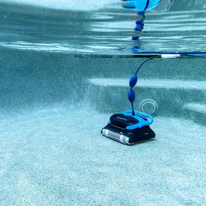 The Maytronics Dolphin Nautilus CC Plus Cleaner 99996406-PCI (with Wi-Fi) is an advanced pool robot with a blue cable that efficiently operates on the floor of your swimming pool. Use the MyDolphin Plus app for effortless control and monitoring.