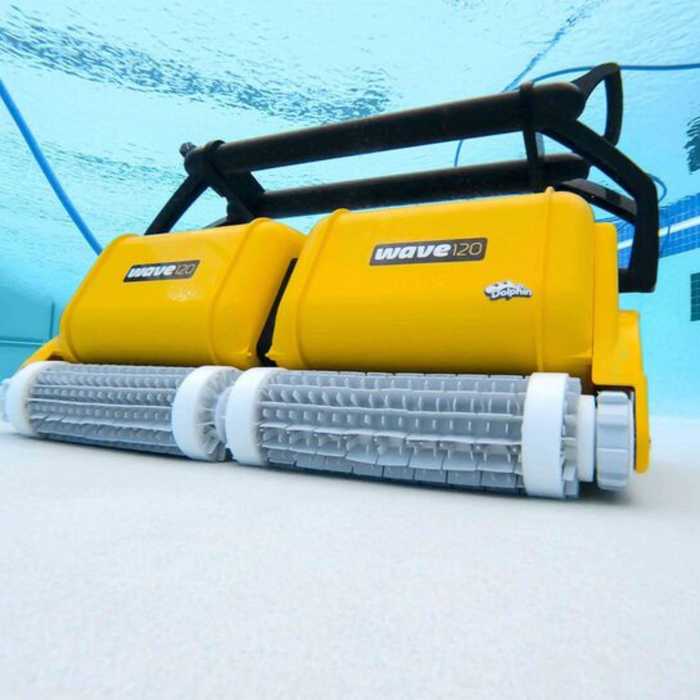 Two Maytronics Dolphin Wave 120 Commercial Robotic Pool Cleaners (model 9999359-W120) submerged underwater, their cleaning brushes visible at the bottom, perfect for efficient pool maintenance.