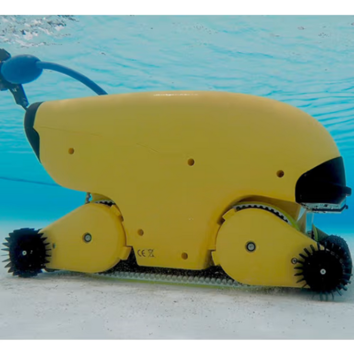 The Maytronics Dolphin Wave 140 Commercial Robotic Pool Cleaner 99997140-US smoothly navigates the pool floor, highlighting its energy-efficient design and powerful scrubbing abilities.
