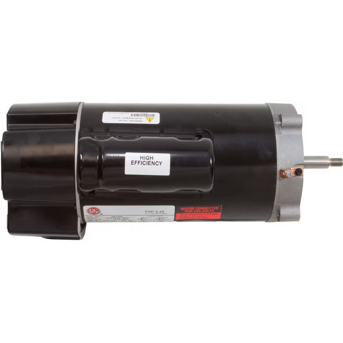 This Nidec/U.S. Motors product, the 2.25HP Single Speed Up-Rated Motor 56J Hayward AST225, is a black high-efficiency pool motor with a cylindrical design and metal components, featuring an Aqua-Shield C-Face for enhanced protection in harsh environments.