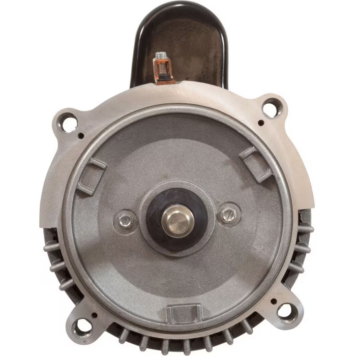 Close-up of the Nidec 2.25HP Single Speed Up-Rated Motor 56J Hayward AST225, featuring a metallic body and circular front, mounted on a black component, reminiscent of the robust design seen in Nidec/U.S. Motors’ Severe Duty Motors.