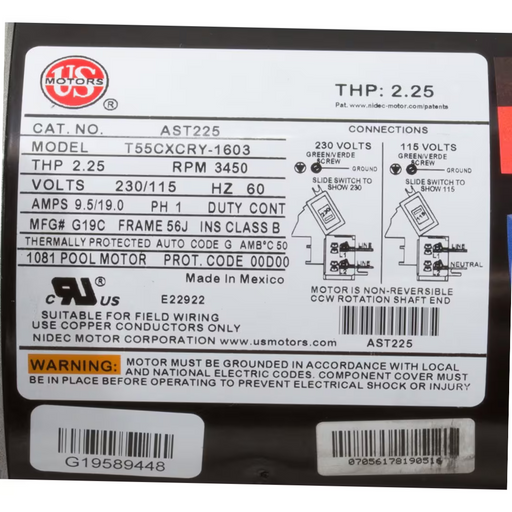Label on the Nidec 2.25HP Single Speed Up-Rated Motor 56J Hayward AST225 detailing technical specifications, safety warnings, and manufacturer information. Featuring an Aqua-Shield C-Face design with a 2.25HP capacity for optimal performance in pool motor applications from Nidec/U.S. Motors.