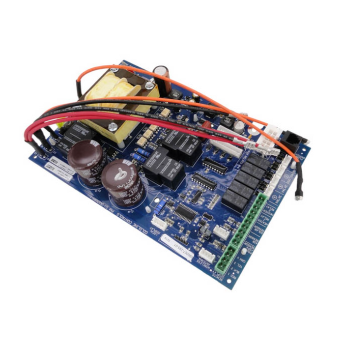The Hayward GLX-PCB-MAIN Main PCB Board Aqua Logic features a blue printed circuit board with capacitors, resistors, relays, and various electronic components, making it ideal for Aqua Logic systems and Hayward main board replacement needs.