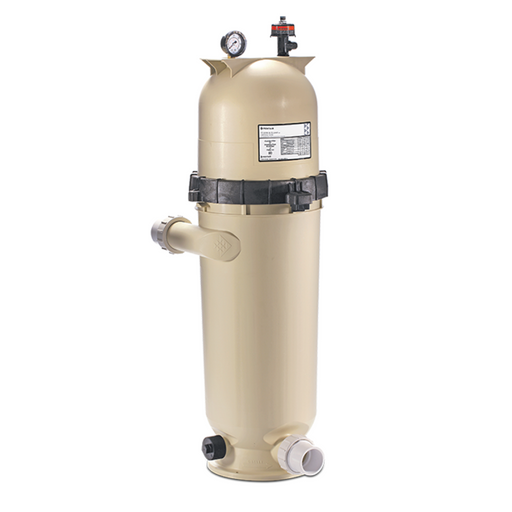 The Pentair Pool Clear & Clean RP Cartridge Filter EC-160354 100 Sq Ft features a Tan cylindrical design, a pressure gauge on top, horizontal inlet/output pipes, and a black band near the top. It is ideal for efficient cartridge filter performance and streamlined pool maintenance.
