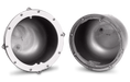 Two hemispherical metal objects with bolts around the rims, positioned side by side against a plain background, feature Pentair Small Stainless Steel Niches by Pentair Pool for added detail.