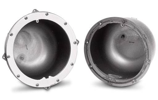 Two hemispherical metal objects with bolts around the rims, positioned side by side against a plain background, feature Pentair Small Stainless Steel Niches by Pentair Pool for added detail.