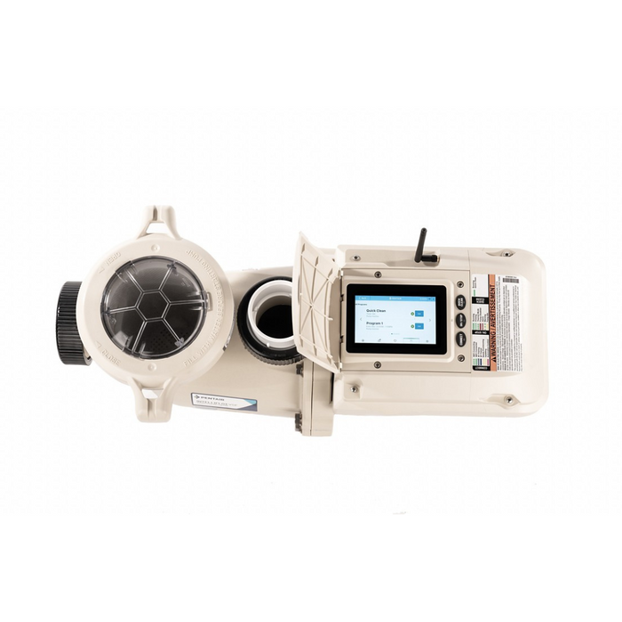 The Pentair 1.5HP IntelliFlo3 VSF Variable Speed Flow Pump, model 011067, from Pentair Pool includes a touchscreen display and control panel. It features a clear lid and pristine white casing, utilizing variable speed technology to maximize energy efficiency against its sleek white design.