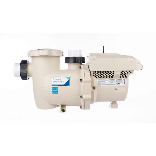 Side view of a Pentair Pool 1.5HP IntelliFlo3 VSF Variable Speed Flow Pump + Touchscreen 011067 in beige, featuring a labeled control panel and various connection points on a white background, designed for optimal energy savings with its advanced variable speed technology.