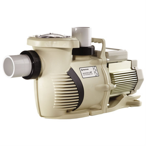The Pentair 2HP WhisperFloXF Single Speed Pump 3PH 022017 by Pentair Pool, featuring its beige casing and connected white PVC pipes, provides exceptional efficiency for both residential and commercial applications.