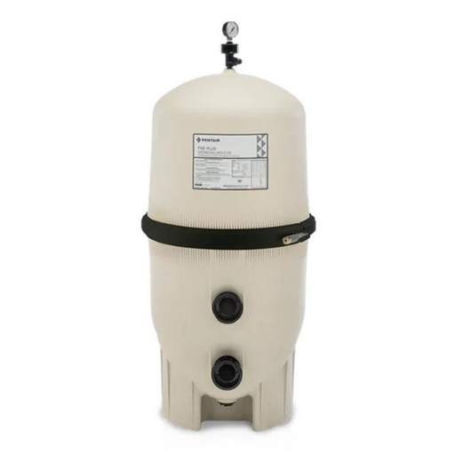 The Pentair 48 Sq Ft FNS Plus DE Filter EC-180008, designed by Pentair Pool, features advanced pool filtration technology housed in a sturdy fiberglass tank. It comes with beige and black fittings, including a pressure gauge on top, and is suitable for pools up to 25K gallons.