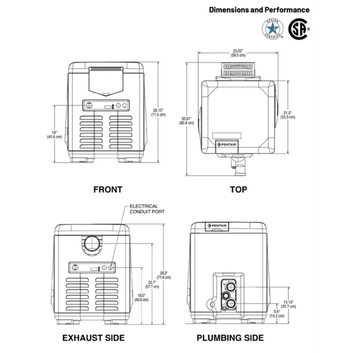 Illustrative diagram of the Pentair Pool's high-performance 250K BTU MasterTemp Natural Gas Heater (460732), detailing front, top, exhaust, and plumbing views with labeled dimensions. Designed for MasterTemp pool heaters, it also emphasizes smart connectivity features for enhanced monitoring.
