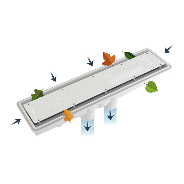 The Pentair Pool A&A 280072 AVSC PHX Pebble Top Single Inlet Top Channel Drain (Dark Gray) showcases air and leaves being guided into the filter, with clean air exiting from the bottom. It is ideal for enhancing pool circulation and ensuring your AVSC drain stays debris-free.