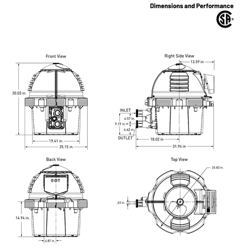 A technical diagram of the Pentair Pool 333K BTU Max-E-Therm Propane Gas Heater SR333LP illustrates the heater with front, back, side, and top views. This smart pool heater features a cupro-nickel exchanger, including measurements and clearly labeled inlets/outlets for seamless installation.