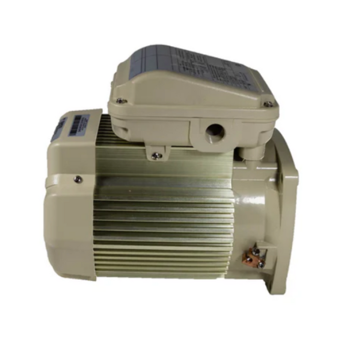The Pentair Pool 1.5HP Motor, made for WhisperFlo and SuperFlo pumps and identified by model number 354823S, is showcased from the side against a pristine white background. It features a tan color, ribbed body, and an attached junction box.