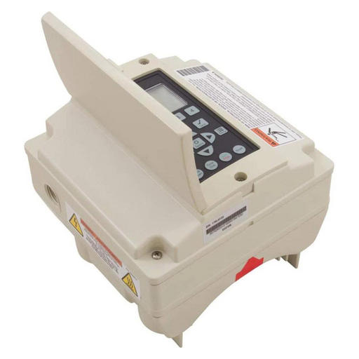 An almond-colored electronic device with buttons and a display, showcasing a partially open lid, epitomizes Pentair Pool's innovative design. This is enhanced by the Pentair 356879Z Drive Kit with Drive, Keypad, and Hardware Kit that incorporates Variable Speed Drive technology for optimized performance.