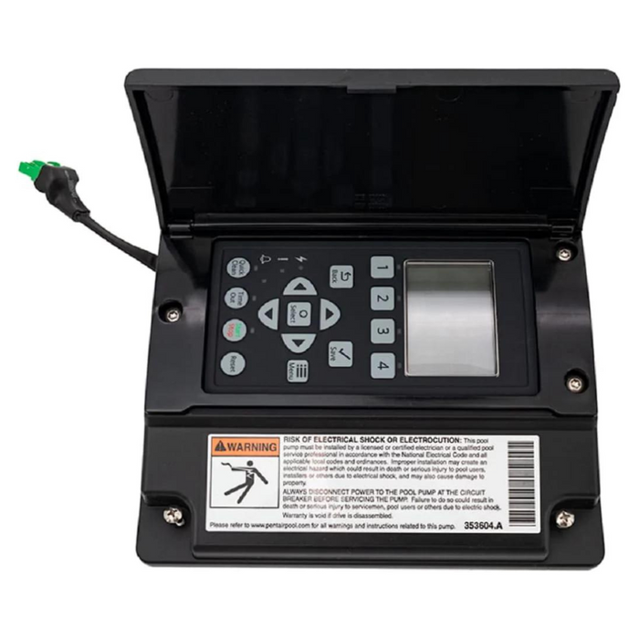 The Pentair Pool 358527Z Black IntelliPro Keypad Assembly with Cover includes a hinged cover that reveals the keypad assembly, featuring a screen and clearly marked warning labels.