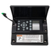 The Pentair Pool 358527Z Black IntelliPro Keypad Assembly with Cover includes a hinged cover that reveals the keypad assembly, featuring a screen and clearly marked warning labels.