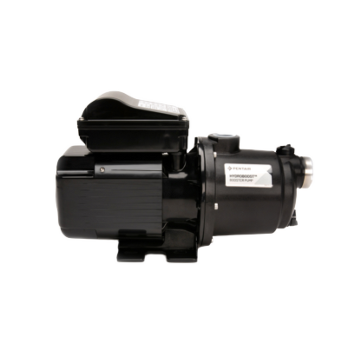 The Pentair Pool 1.1HP HydroBoost Booster Pump 360526, featuring its sleek branding on the side, stands out against a crisp white background.