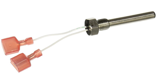 The Pentair 42002-0024S Stack Flue Sensor, designed for the Max-E-Therm and MasterTemp systems by Pentair Pool, features a metal thermistor probe with two connected wires and pink connectors.