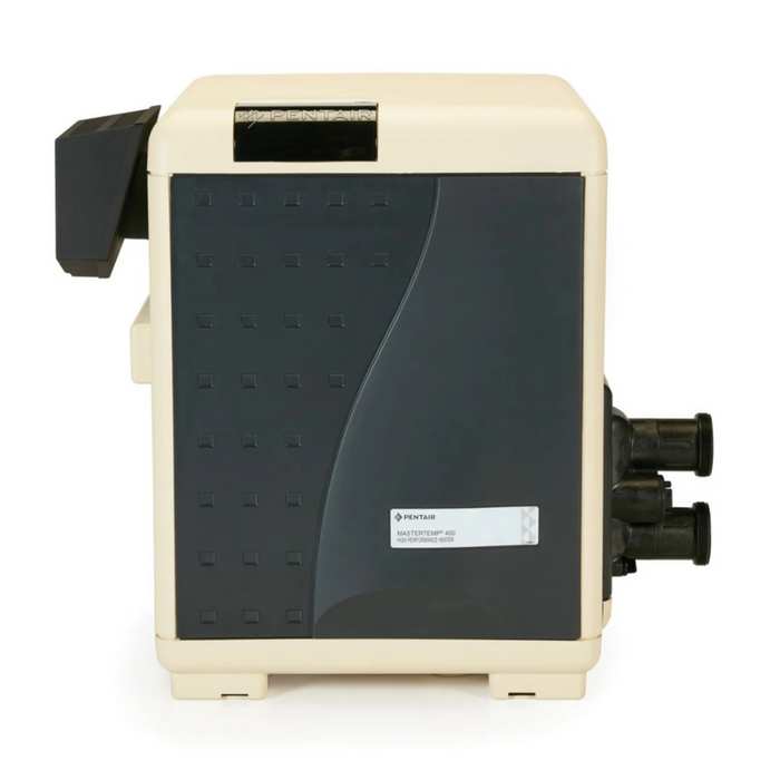The Pentair Pool 250K BTU MasterTemp Heavy Duty Natural Gas Heater Cupronickel 460806 250HD features a cupro-nickel heat exchanger and boasts a sleek beige and black design with a digital display and control panel on the side.