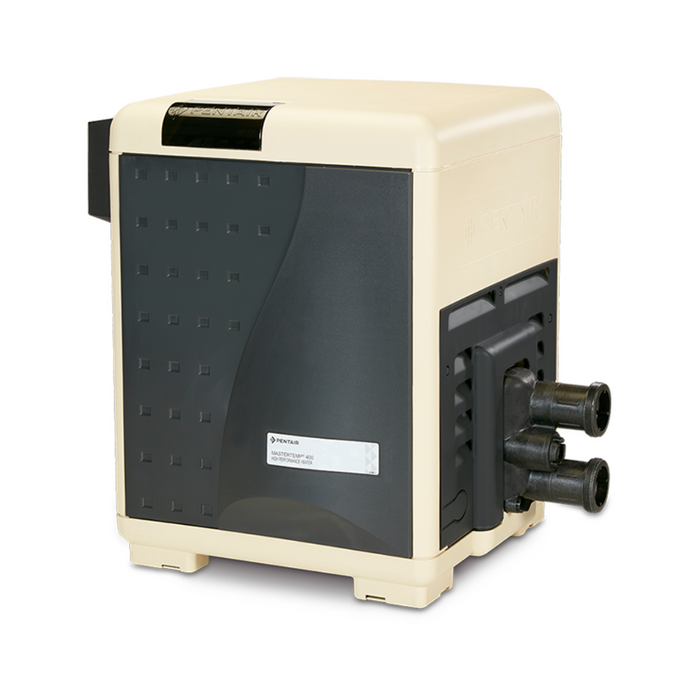 Pentair Pool's MasterTemp ASME Natural Gas Heater (Model 460771) is a square-shaped pool heater in beige and black, featuring an ignition control module and visible pipes on the right side.