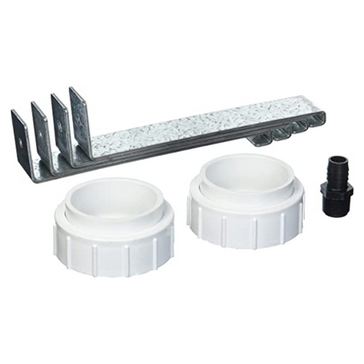Pentair 461030Z Water Union and Tie Down Kit for UltraTemp Heat Pump, featuring a metal bracket, two white plastic rings, and a small black adapter piece on a white background.