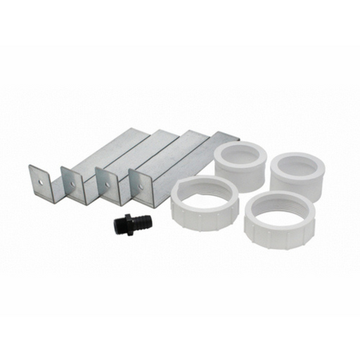 Pentair Pool's Pentair 461030Z Water Union and Tie Down Kit, featuring metal brackets, white PVC fittings, and a black hose connector, arranged on a white background—ideal for use with an UltraTemp Heat Pump.
