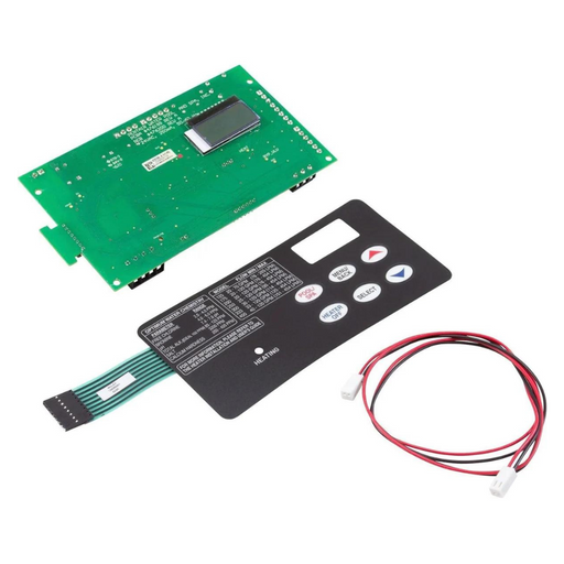 The Pentair 461105 MasterTemp Max-E-Therm 6-Button Control Board Kit from Pentair Pool boasts a sophisticated design with a sleek black control panel featuring white buttons and red-black wires, set against a pristine white background.