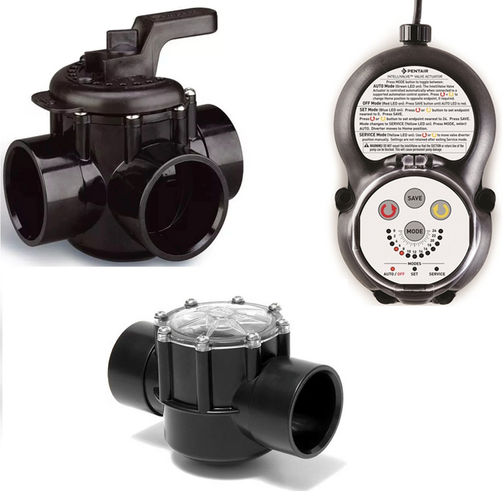 Pentair Pool offers three types of black pool valves, including the Pentair 462048 Smart Heater Automatic Bypass Valve Kit, along with a control unit featuring labeled buttons and a small display.