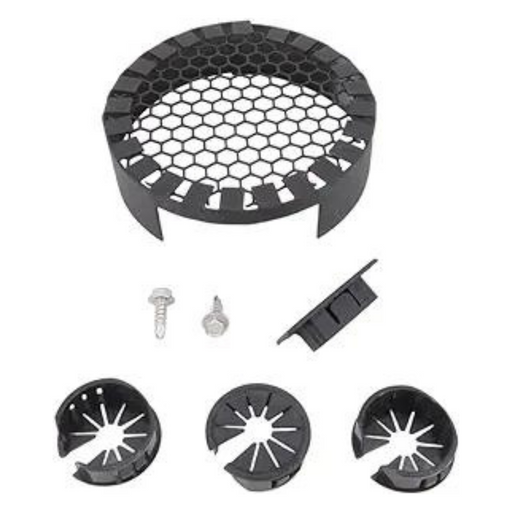 Pentair Pool's honeycomb grill, featuring a black finish, screws, and diverse circular attachments, is prominently displayed against a white background. As part of the MasterTemp Heater series, this component can be easily paired with the Pentair 475265 Air Orifice Anti Rodent Kit for seamless integration.