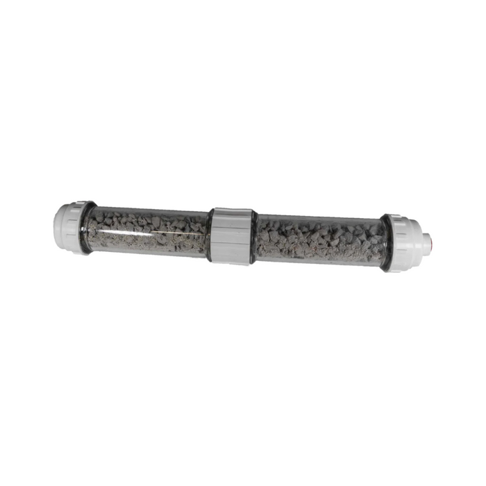 The Pentair 475612 Condensate Neutralizer Kit for ETi 400 Heater by Pentair Pool features a transparent body filled with granular material, white end caps, and a central connector. It is compatible with Pentair Commercial systems for optimal performance.