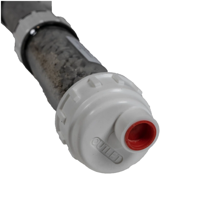 Close-up of a Pentair 475612 Condensate Neutralizer Kit for ETi 400 Heater with a white and red cap on the end, embossed with "OUTLET," compatible with the Pentair ETi 400 Heater.