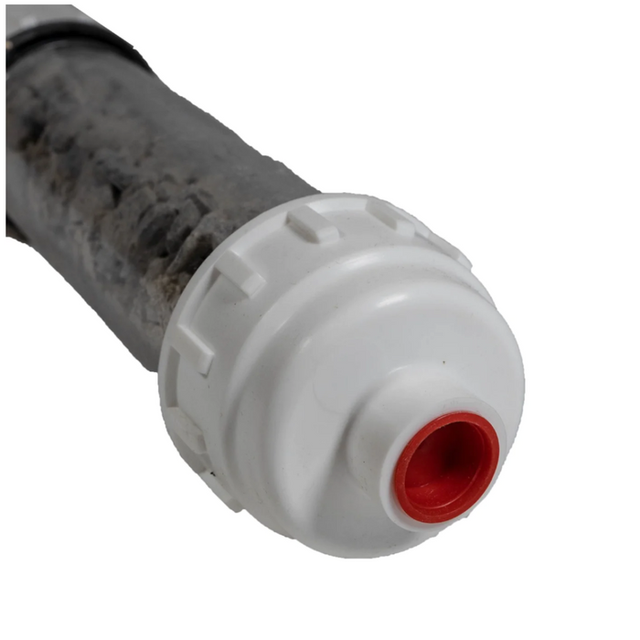 Close-up of a used water filter cartridge, likely from a Pentair 475612 Condensate Neutralizer Kit for ETi 400 Heater by Pentair Pool, with a white connector and red opening at the end.