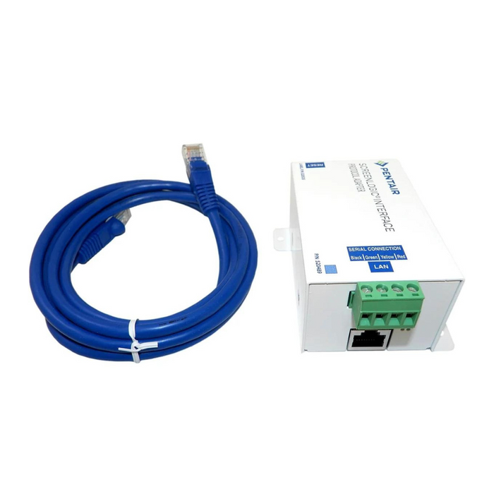 A blue Ethernet cable and a white serial device server, equipped with multiple ports and connectors, seamlessly integrate with the Pentair 520500 Screenlogic 2® Wireless Interface Kit - Protocol Adaptor Only from Pentair Pool for enhanced connectivity and control.