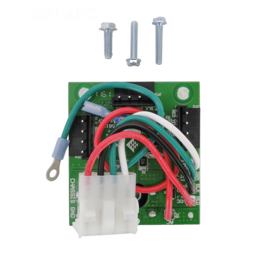 The Pentair Pool 521218 IntelliChlor® i5+3 New Style Load Center SCG Surge Board PCBA features a green circuit board with colorful wires, a white connector, and three screws, integrating seamlessly with the EasyTouch® PL4/PSL4 Control System.
