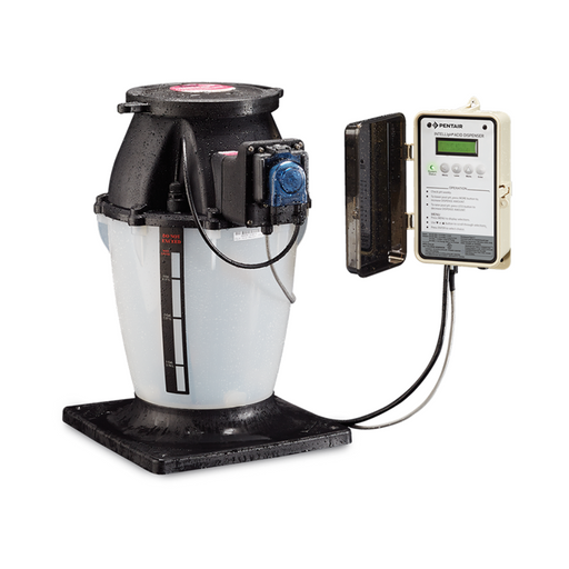 The Pentair Pool 521377 IntellipH pH Controller with Acid Container is a pool chemical feeder system featuring a transparent acid container and a control panel connected by a cable.