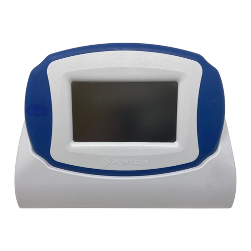 Front view of a Pentair 522036 IntelliCenter Wireless Remote Control with Transceiver, featuring a blue and white casing, ideal for sophisticated Pool Spa Control.