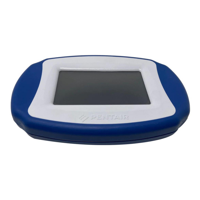 The Pentair Pool 522036 IntelliCenter Wireless Remote Control with Transceiver features a blue frame and white screen, offering effortless wireless remote control for your pool or spa.