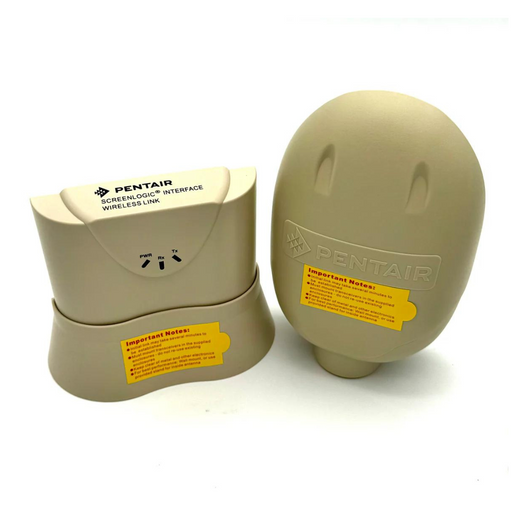 The Pentair 523434 Wireless Link Kit with Ethernet Module, from the IntelliCenter Control Systems by Pentair Pool, includes two tan devices featuring yellow instruction labels on a white background.