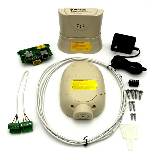 The Pentair Pool 523434 Wireless Link Kit with Ethernet Module integrates effortlessly with IntelliCenter Control Systems, including a receiver, circuit board, cables, power adapter, connectors, and screws for straightforward installation.