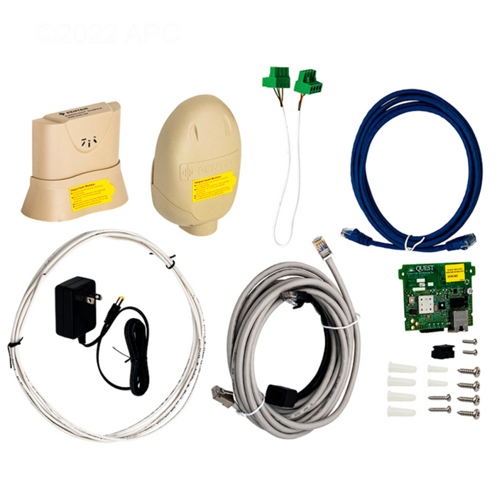 The Pentair Pool 523557 High Power IntelliCenter Wi-Fi Link Kit, featuring control systems, includes cables, adapters, a circuit board, and mounting accessories on a white background.