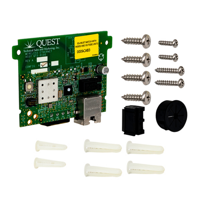 The Pentair 523557 High Power IntelliCenter Wi-Fi Link Kit from Pentair Pool is displayed under a white backdrop, alongside an assortment of screws, plastic wall anchors, and a black cap, effortlessly integrating into cutting-edge water automation solutions.