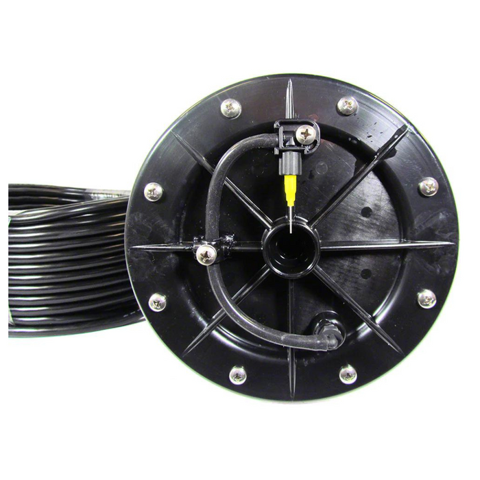 Close-up of a Pentair 590021 Magicstream Laminar LED Light Engine with Body, featuring a coiled 100' cord, IntelliBrite 5g LED technology, and a yellow-tipped nozzle attached.