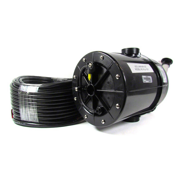 A black submersible water pump with a long coiled cable beside it on a white background, perfect for pairing with the Pentair Pool 590021 Magicstream Laminar LED Light Engine with Body (100' Cord) for enhanced illumination.