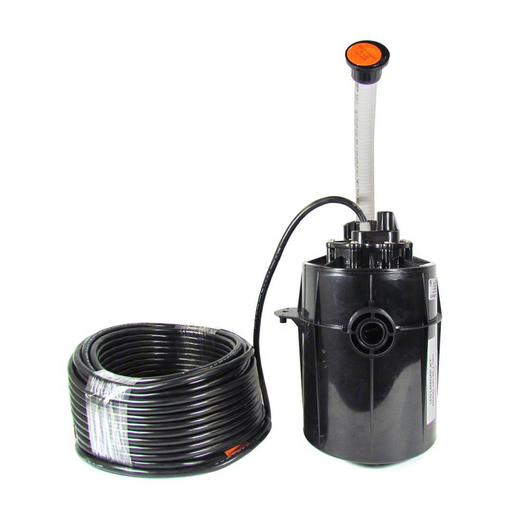 A Pentair Pool pond pump in black, equipped with a coiled hose and a vertical gauge on top, featuring the Pentair 590021 Magicstream Laminar LED Light Engine with Body 100' Cord for efficient illumination.